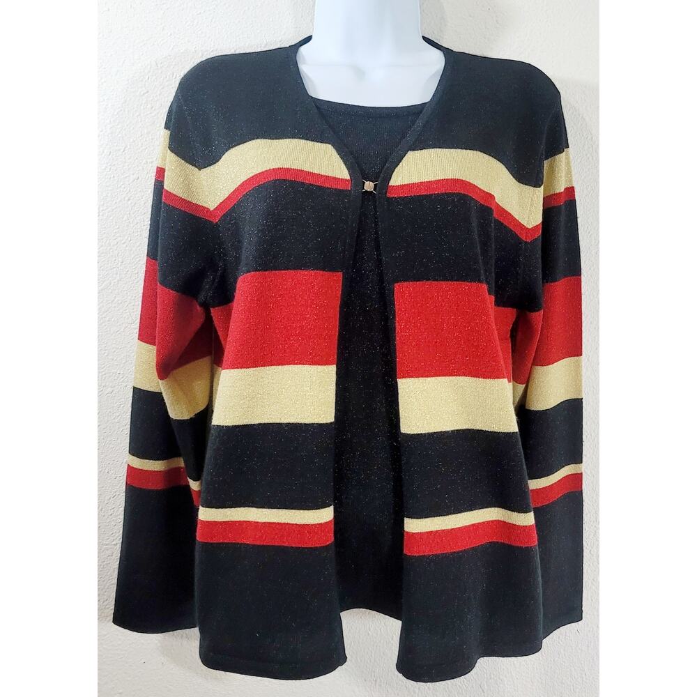 SAG Harbor Black Red Gold Sparkly 2 In 1 Sweater Top Medium Snap Closure Soft